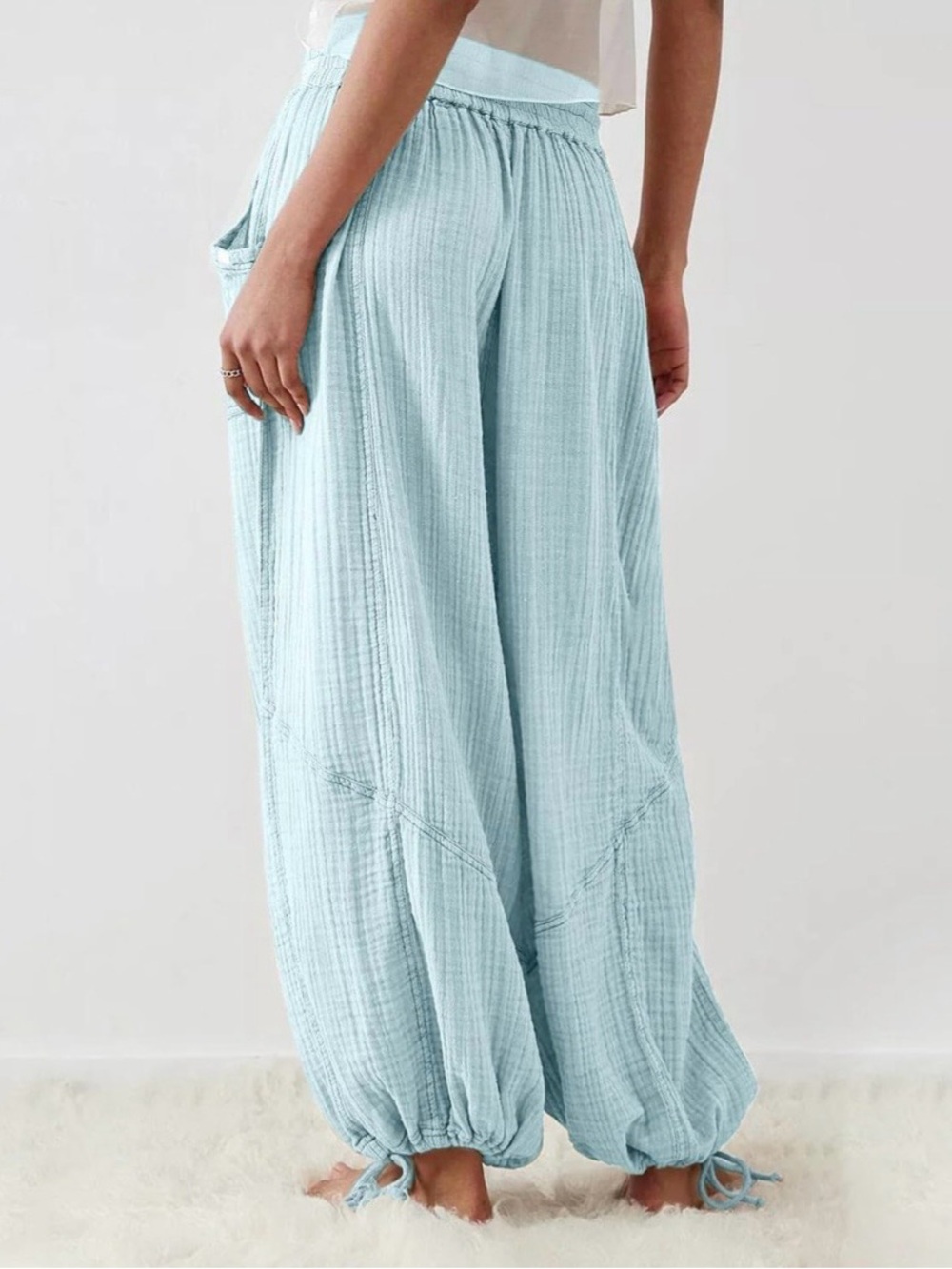 Amazon Light Blue gauze print Drawstring Wide-Leg Cotton Pants - Picture 3 of 4